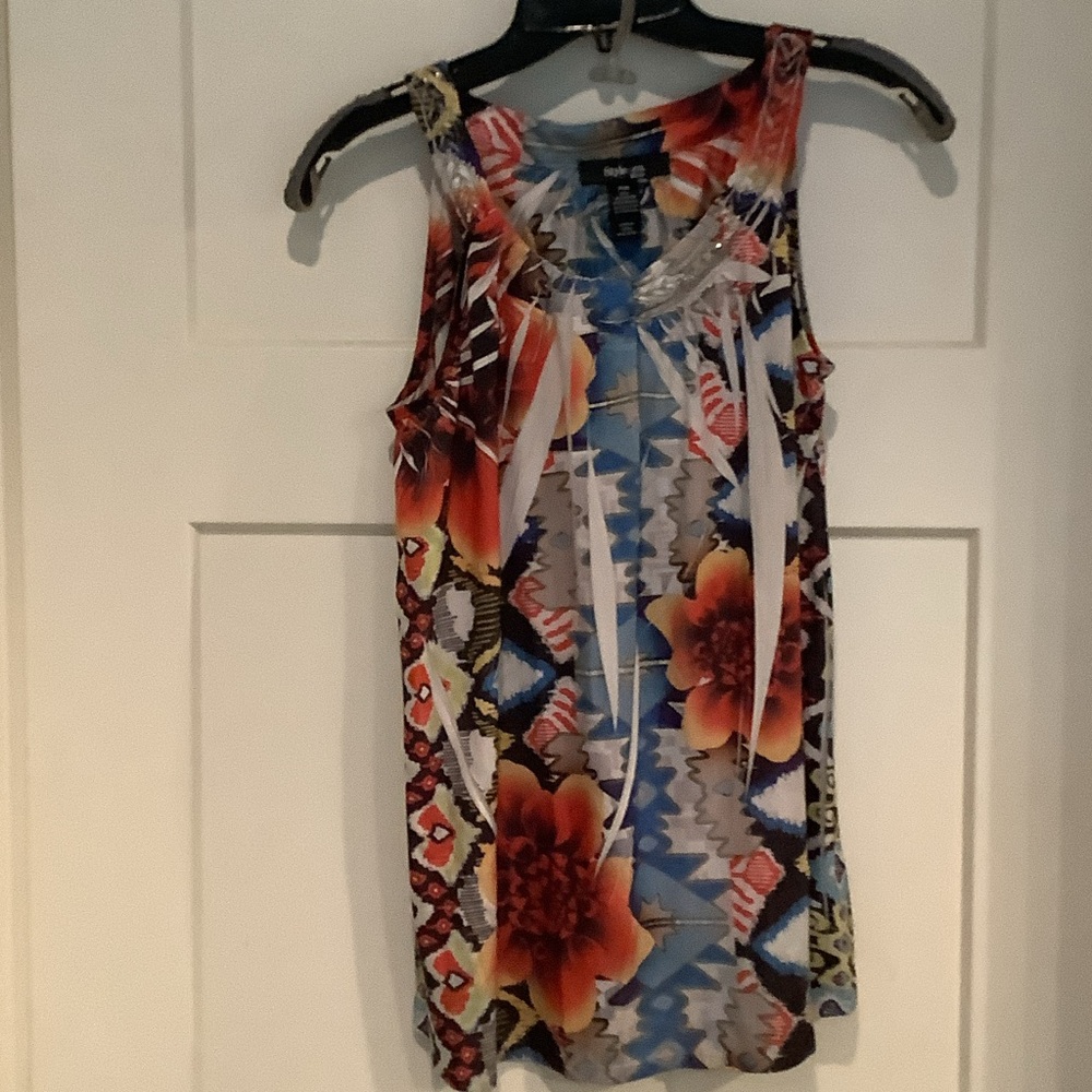 Style & Co. Blue Floral-Print Petite Shell